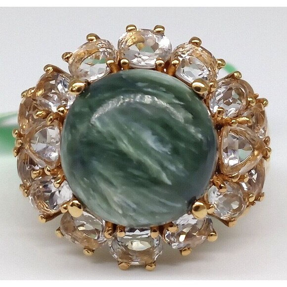 Karis Green Seraphinite Gemstone Ring Size 7 Gold Tone G&B Made In India NWT - Picture 2 of 14